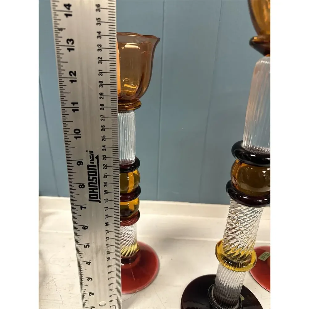 Set Of 3 Signed Czech Glass Z Fusion Art Glass Candlesticks Hand Blown‎ Helix